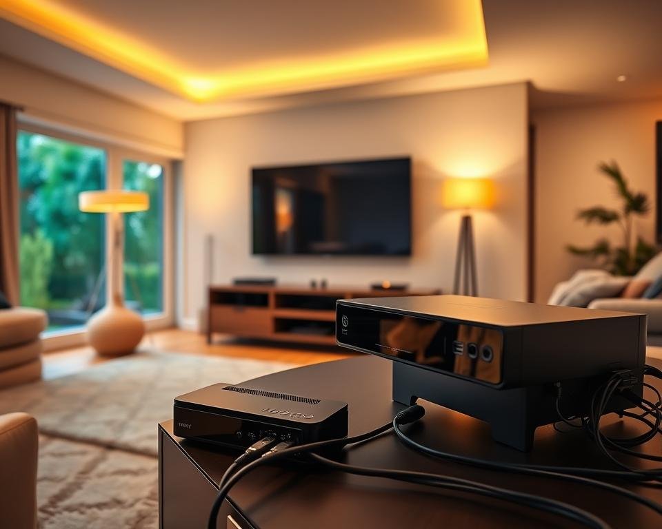A well-lit, expansive living room with a large flatscreen TV mounted on the wall. In the foreground, a stylish TV stand holds a sleek black IPTV box, connected to various cables and peripherals. The room is bathed in warm, ambient lighting, creating a cozy, inviting atmosphere. Through the window, a glimpse of a vibrant, green garden can be seen, hinting at the stable, reliable nature of the IPTV service. The overall scene conveys a sense of comfort, technology, and seamless connectivity, perfectly capturing the essence of a "Stable IPTV Service for USA Homes". A well-lit, expansive living room with a large flatscreen TV mounted on the wall. In the foreground, a stylish TV stand holds a sleek black IPTV box, connected to various cables and peripherals. The room is bathed in warm, ambient lighting, creating a cozy, inviting atmosphere. Through the window, a glimpse of a vibrant, green garden can be seen, hinting at the stable, reliable nature of the IPTV service. The overall scene conveys a sense of comfort, technology, and seamless connectivity, perfectly capturing the essence of a "Stable IPTV Service for USA Homes".