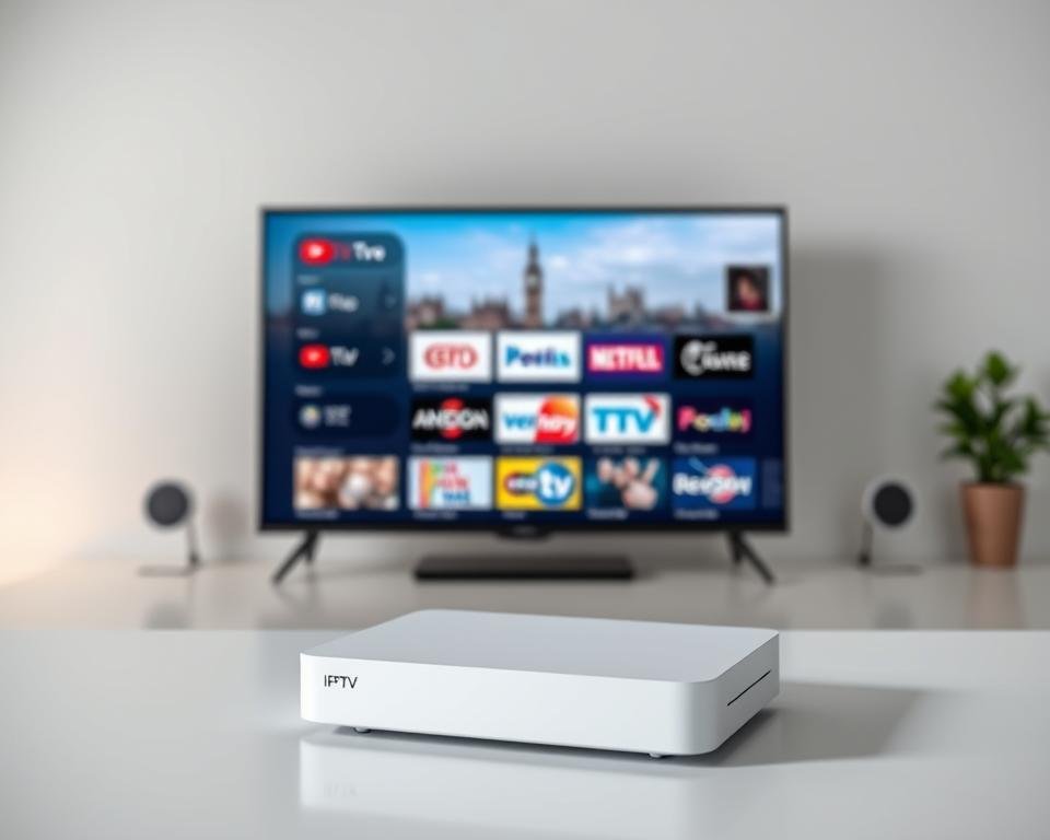 A well-lit, high-quality studio image showcasing a reliable IPTV USA service. In the foreground, a modern, sleek IPTV device sits prominently, its clean lines and minimalist design conveying a sense of professionalism and dependability. In the middle ground, a vivid display shows a selection of popular US channels, their logos and program information clearly visible. The background features a subtly blurred cityscape, hinting at the wide range of content available through the IPTV service. The overall tone is one of trustworthiness, efficiency, and a premium user experience, reflecting the "pros" of the recommended IPTV offering. A well-lit, high-quality studio image showcasing a reliable IPTV USA service. In the foreground, a modern, sleek IPTV device sits prominently, its clean lines and minimalist design conveying a sense of professionalism and dependability. In the middle ground, a vivid display shows a selection of popular US channels, their logos and program information clearly visible. The background features a subtly blurred cityscape, hinting at the wide range of content available through the IPTV service. The overall tone is one of trustworthiness, efficiency, and a premium user experience, reflecting the "pros" of the recommended IPTV offering.