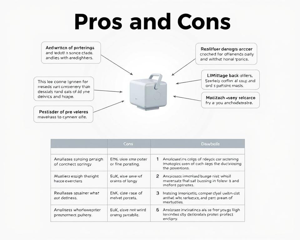 A well-lit, high-resolution digital illustration depicting the pros and cons of a product. In the foreground, a stylized product icon or image, surrounded by floating text bubbles outlining its key advantages and drawbacks in a clean, minimal design. The middle ground features a grid or table layout highlighting the product's features, benefits, and limitations in a clear, organized manner. The background is a soft, neutral gradient, allowing the product information to take center stage. The overall tone is informative and objective, encouraging the viewer to carefully weigh the product's merits and drawbacks.