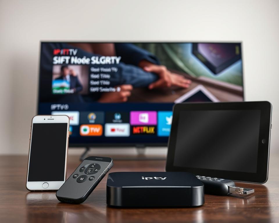 A well-lit, high-resolution image showcasing an assortment of IPTV-compatible devices, including a smart TV, streaming box, smartphone, and tablet, arranged in a dynamic, visually appealing composition. The devices are displayed prominently, with clean, modern styling and minimal background distractions, emphasizing their compatibility and suitability for an IPTV setup. The lighting is soft and even, highlighting the sleek, high-tech design of the gadgets. The overall mood is one of technological sophistication and seamless integration, reflecting the versatility and accessibility of IPTV in the modern connected home.