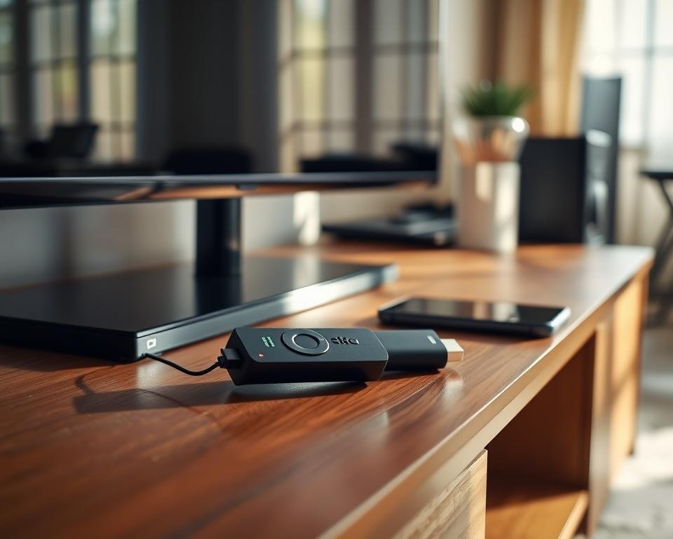 A well-lit home entertainment setup with a Firestick IPTV device prominently displayed on a modern TV stand. The Firestick's sleek black exterior is contrasted against the warm wooden tones of the stand. Nearby, a remote control and a mobile device are arranged, showcasing the seamless integration of the IPTV technology. The scene is bathed in a soft, natural light, creating a cozy and inviting atmosphere. In the background, subtle hints of a living room or home office environment can be seen, suggesting a comfortable and practical setting for the IPTV setup. A well-lit home entertainment setup with a Firestick IPTV device prominently displayed on a modern TV stand. The Firestick's sleek black exterior is contrasted against the warm wooden tones of the stand. Nearby, a remote control and a mobile device are arranged, showcasing the seamless integration of the IPTV technology. The scene is bathed in a soft, natural light, creating a cozy and inviting atmosphere. In the background, subtle hints of a living room or home office environment can be seen, suggesting a comfortable and practical setting for the IPTV setup.
