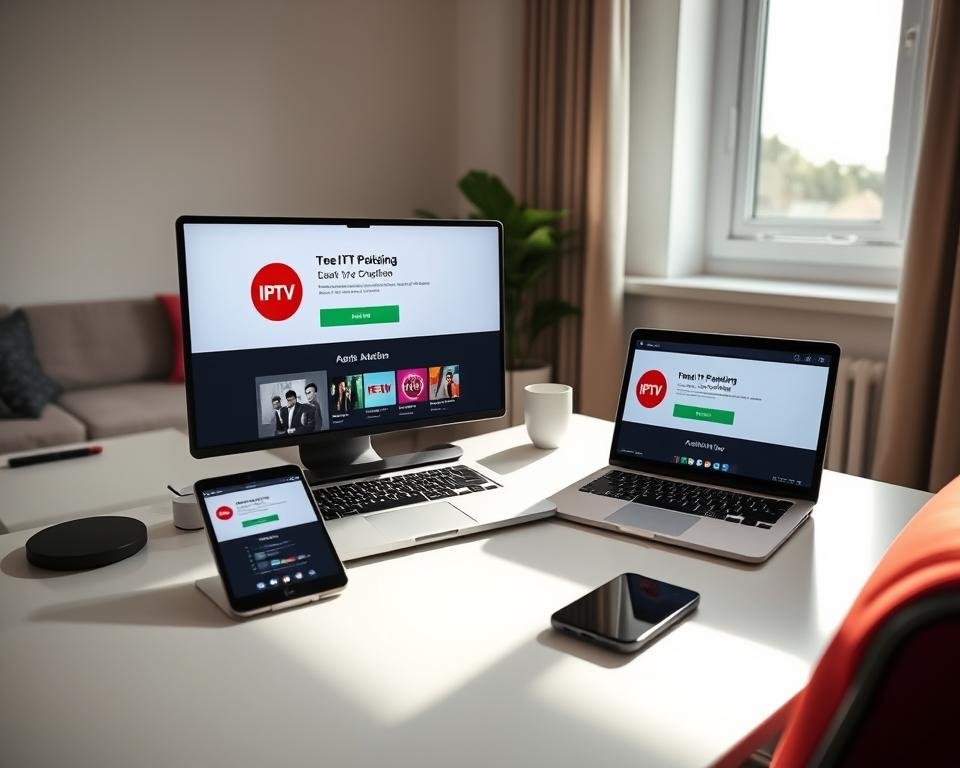 A well-lit, modern home office setup with a laptop, tablet, and mobile phone arranged on a clean, minimalist desk. The devices display various IPTV streaming platform interfaces, showcasing a free USA trial activation process. Soft, natural lighting from a large window creates a comfortable, inviting atmosphere. The room features a sleek, contemporary design with subtle accent colors that complement the digital devices. A sense of ease and accessibility pervades the scene, inviting the viewer to imagine themselves navigating the free IPTV USA trial. A well-lit, modern home office setup with a laptop, tablet, and mobile phone arranged on a clean, minimalist desk. The devices display various IPTV streaming platform interfaces, showcasing a free USA trial activation process. Soft, natural lighting from a large window creates a comfortable, inviting atmosphere. The room features a sleek, contemporary design with subtle accent colors that complement the digital devices. A sense of ease and accessibility pervades the scene, inviting the viewer to imagine themselves navigating the free IPTV USA trial.