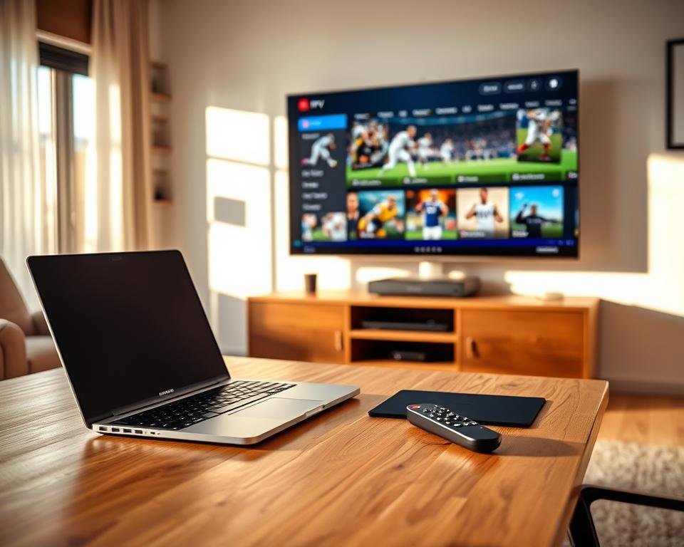 A well-lit modern home office setup with a laptop, tablet, and remote control prominently displayed on a tidy wooden desk. In the background, a large television screen showcases the IPTV interface with sports channels and content. The room is bathed in warm, natural lighting, creating a cozy and inviting atmosphere for a sports viewing experience. The overall composition suggests a streamlined and effortless process for setting up and accessing the best IPTV sports content in the USA. A well-lit modern home office setup with a laptop, tablet, and remote control prominently displayed on a tidy wooden desk. In the background, a large television screen showcases the IPTV interface with sports channels and content. The room is bathed in warm, natural lighting, creating a cozy and inviting atmosphere for a sports viewing experience. The overall composition suggests a streamlined and effortless process for setting up and accessing the best IPTV sports content in the USA.