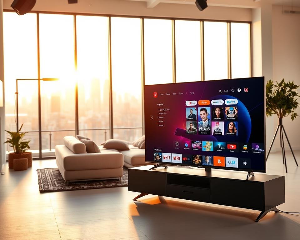 A well-lit, modern studio setting showcasing the best internet streaming service. In the foreground, a sleek, high-end smart TV displays a vibrant, cinematic user interface. Surrounding the TV, a minimalist entertainment center with clean lines and premium materials. In the middle ground, a cozy living room setup with plush seating and warm lighting, creating an inviting atmosphere for seamless streaming. The background features large windows overlooking a cityscape, bathed in golden hour sunlight. The overall scene conveys a sense of technological sophistication, comfort, and the ultimate in-home entertainment. A well-lit, modern studio setting showcasing the best internet streaming service. In the foreground, a sleek, high-end smart TV displays a vibrant, cinematic user interface. Surrounding the TV, a minimalist entertainment center with clean lines and premium materials. In the middle ground, a cozy living room setup with plush seating and warm lighting, creating an inviting atmosphere for seamless streaming. The background features large windows overlooking a cityscape, bathed in golden hour sunlight. The overall scene conveys a sense of technological sophistication, comfort, and the ultimate in-home entertainment.