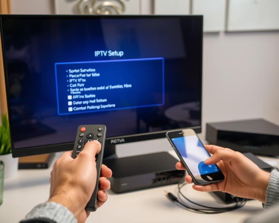 A well-lit office setting with a computer monitor displaying an IPTV setup interface. In the foreground, hands interacting with a remote control and a smartphone, navigating the setup process. In the middle ground, various devices like a router, IPTV box, and cables are neatly arranged on a desk, suggesting a thoughtful and organized workspace. The background features a minimalist wall decor, creating a calm and professional ambiance. The overall scene conveys a sense of smooth and intuitive IPTV setup, ready to elevate the user's television experience.