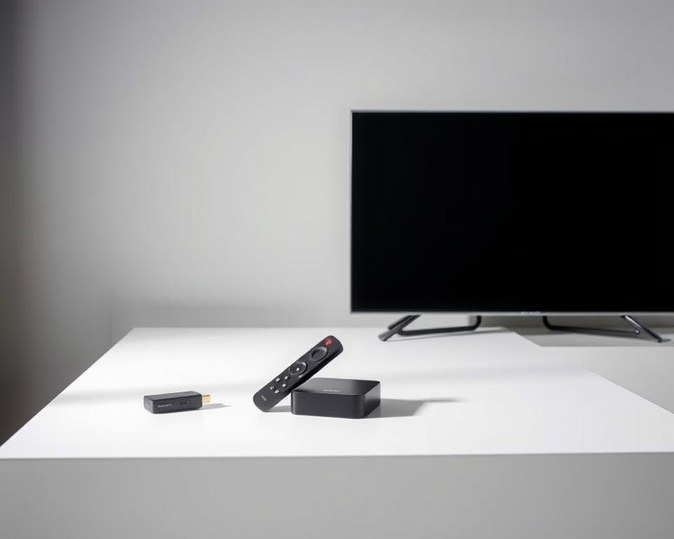 A well-lit studio scene showcasing a range of US TV streaming devices, including a sleek black smart TV, a compact HDMI streaming dongle, and a voice-controlled media player remote. The devices are neatly arranged on a minimalist white table, casting subtle shadows that create depth and dimension. The lighting is soft and even, highlighting the clean lines and modern designs of the products. The background is a simple, neutral gray, allowing the devices to take center stage and emphasize their functionality and compatibility for enjoying live US TV content anywhere. A well-lit studio scene showcasing a range of US TV streaming devices, including a sleek black smart TV, a compact HDMI streaming dongle, and a voice-controlled media player remote. The devices are neatly arranged on a minimalist white table, casting subtle shadows that create depth and dimension. The lighting is soft and even, highlighting the clean lines and modern designs of the products. The background is a simple, neutral gray, allowing the devices to take center stage and emphasize their functionality and compatibility for enjoying live US TV content anywhere.