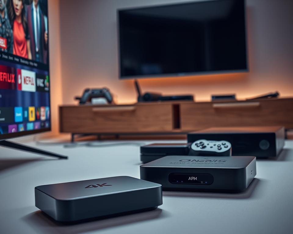 A well-lit studio setting showcasing an arrangement of modern streaming devices. In the foreground, a sleek smart TV, its screen displaying vivid 4K content. Beside it, a compact streaming box with a polished metallic casing. In the middle ground, a wireless gaming console and a high-end media player, their LED indicators softly pulsing. In the background, neatly organized cables and a minimalist entertainment unit in a warm, muted color palette. The lighting is soft and even, creating a sense of sophistication and technological prowess. The camera angle is slightly elevated, allowing the devices to be viewed from an optimal perspective. A well-lit studio setting showcasing an arrangement of modern streaming devices. In the foreground, a sleek smart TV, its screen displaying vivid 4K content. Beside it, a compact streaming box with a polished metallic casing. In the middle ground, a wireless gaming console and a high-end media player, their LED indicators softly pulsing. In the background, neatly organized cables and a minimalist entertainment unit in a warm, muted color palette. The lighting is soft and even, creating a sense of sophistication and technological prowess. The camera angle is slightly elevated, allowing the devices to be viewed from an optimal perspective.