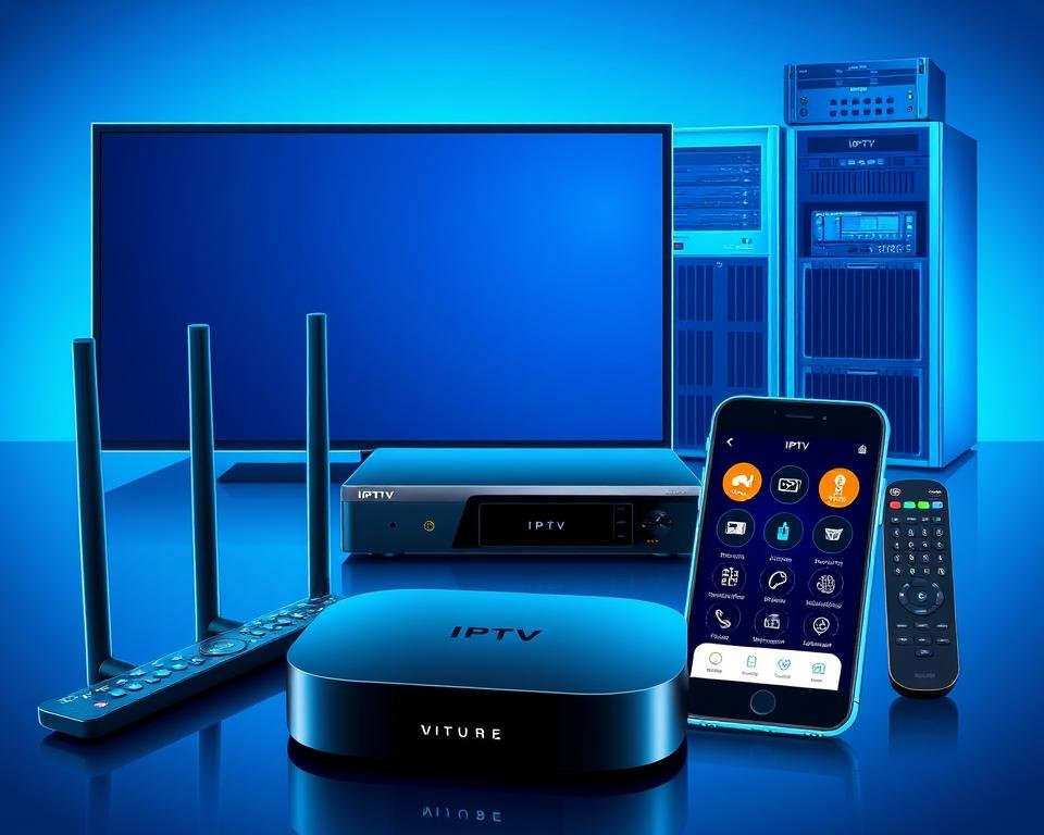 A well-lit, technical illustration showcasing a variety of IPTV-compatible devices. In the foreground, a sleek, modern streaming box with an intuitive interface, surrounded by a wireless router, a smart TV remote, and a smartphone displaying IPTV app controls. In the middle ground, a high-end media player with multiple HDMI and Ethernet ports, complemented by a compact cable box and a universal remote. In the background, a rack-mounted server unit and a network switch, conveying the robust infrastructure required for a seamless IPTV experience. The scene is bathed in a cool, blue-tinted lighting, emphasizing the digital nature of the technologies on display. A well-lit, technical illustration showcasing a variety of IPTV-compatible devices. In the foreground, a sleek, modern streaming box with an intuitive interface, surrounded by a wireless router, a smart TV remote, and a smartphone displaying IPTV app controls. In the middle ground, a high-end media player with multiple HDMI and Ethernet ports, complemented by a compact cable box and a universal remote. In the background, a rack-mounted server unit and a network switch, conveying the robust infrastructure required for a seamless IPTV experience. The scene is bathed in a cool, blue-tinted lighting, emphasizing the digital nature of the technologies on display.