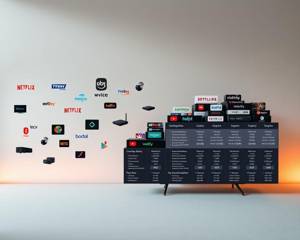 A wide array of IPTV packages presented on a sleek, modern interface. In the foreground, various streaming service logos and device icons float against a neutral backdrop, conveying the diversity of content and compatibility. The middle ground features stacked IPTV subscription plans with detailed pricing and channel information, allowing viewers to easily compare options. In the background, a subtle technical grid pattern suggests the digital infrastructure supporting the IPTV ecosystem. Warm lighting and a muted color palette create a sense of professionalism and trustworthiness, reflecting the reliable and high-quality IPTV services available to US viewers in 2023. A wide array of IPTV packages presented on a sleek, modern interface. In the foreground, various streaming service logos and device icons float against a neutral backdrop, conveying the diversity of content and compatibility. The middle ground features stacked IPTV subscription plans with detailed pricing and channel information, allowing viewers to easily compare options. In the background, a subtle technical grid pattern suggests the digital infrastructure supporting the IPTV ecosystem. Warm lighting and a muted color palette create a sense of professionalism and trustworthiness, reflecting the reliable and high-quality IPTV services available to US viewers in 2023.