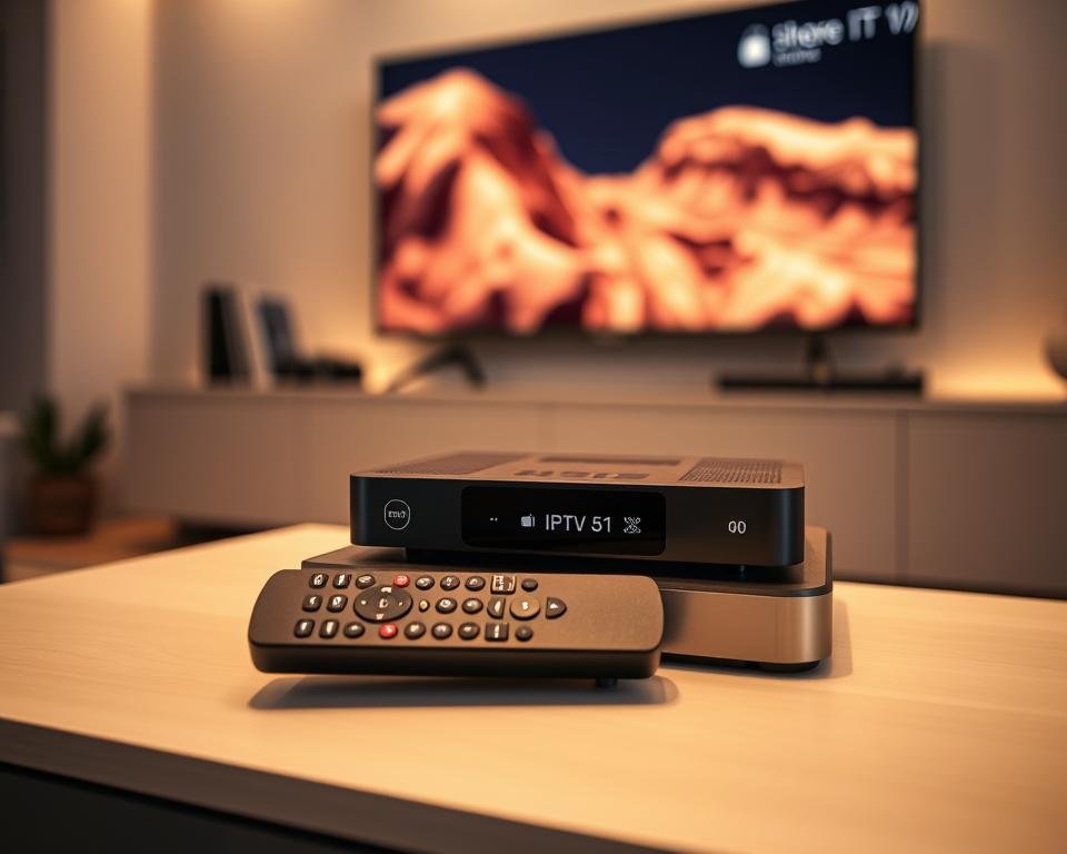 An IPTV box sitting atop a sleek, modern TV stand, its clean lines and minimalist design blending seamlessly with the contemporary living room decor. The box has a subtle metallic finish, reflecting the warm lighting that casts a cozy glow throughout the space. In the foreground, the remote control rests on the stand, its intuitive buttons and features hinting at the effortless user experience. The middle ground showcases the IPTV box itself, its front panel displaying crisp, high-definition icons and indicators, signaling its advanced capabilities. The background features a large, wall-mounted TV, its screen displaying a vibrant, immersive image, highlighting the exceptional video quality enabled by the IPTV box. An IPTV box sitting atop a sleek, modern TV stand, its clean lines and minimalist design blending seamlessly with the contemporary living room decor. The box has a subtle metallic finish, reflecting the warm lighting that casts a cozy glow throughout the space. In the foreground, the remote control rests on the stand, its intuitive buttons and features hinting at the effortless user experience. The middle ground showcases the IPTV box itself, its front panel displaying crisp, high-definition icons and indicators, signaling its advanced capabilities. The background features a large, wall-mounted TV, its screen displaying a vibrant, immersive image, highlighting the exceptional video quality enabled by the IPTV box.