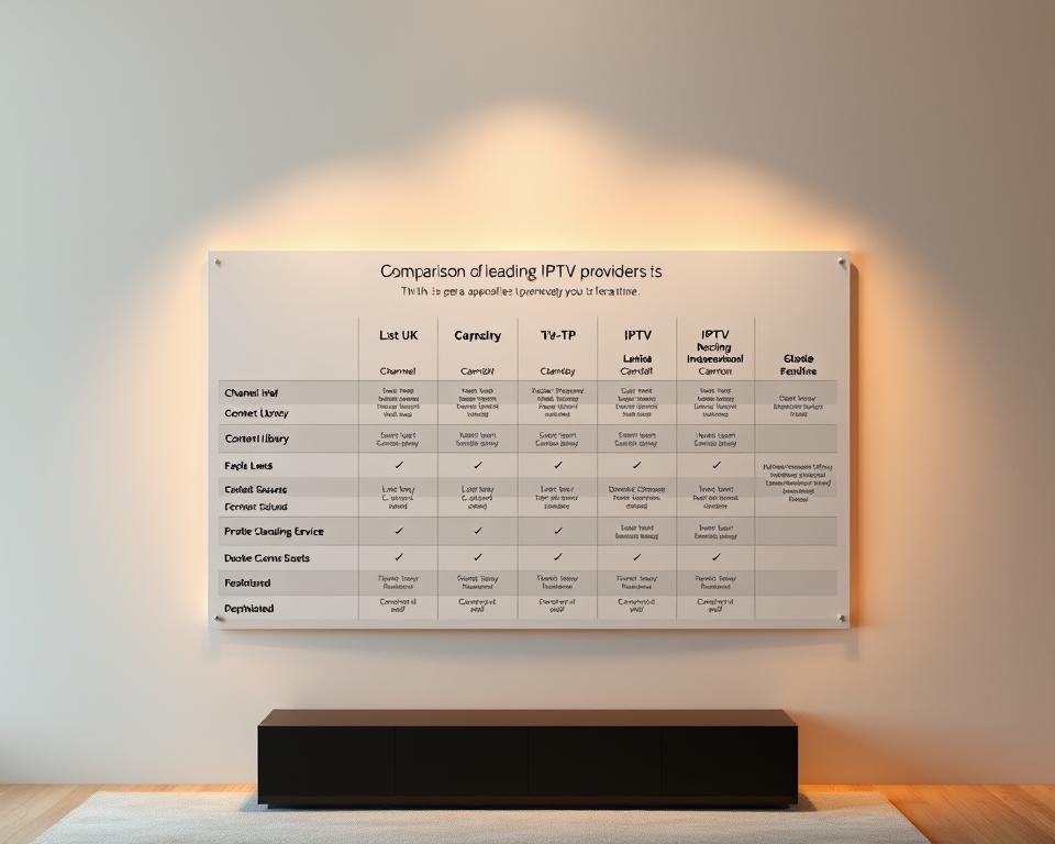 An elegant, minimalist data visualization showcasing a comparison chart of leading IPTV service providers. The chart is presented against a soft, muted backdrop, with a clean and modern aesthetic. The channels, content library, and key features of each service are displayed in a clear, organized manner, allowing for easy comparison. Warm, diffused lighting illuminates the chart, creating a professional, informative atmosphere. The composition is balanced, with the chart as the focal point, surrounded by subtle gradients or simple geometric shapes to frame the content. The overall tone is one of authoritative expertise, guiding the viewer through the nuances of the IPTV market. An elegant, minimalist data visualization showcasing a comparison chart of leading IPTV service providers. The chart is presented against a soft, muted backdrop, with a clean and modern aesthetic. The channels, content library, and key features of each service are displayed in a clear, organized manner, allowing for easy comparison. Warm, diffused lighting illuminates the chart, creating a professional, informative atmosphere. The composition is balanced, with the chart as the focal point, surrounded by subtle gradients or simple geometric shapes to frame the content. The overall tone is one of authoritative expertise, guiding the viewer through the nuances of the IPTV market.