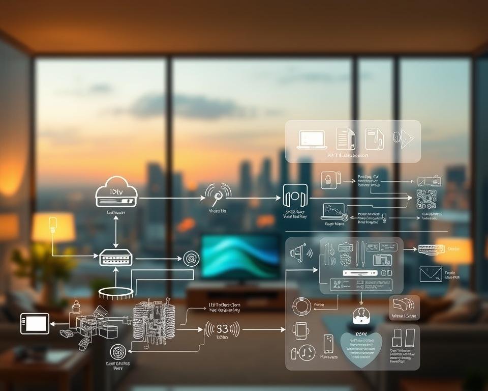 An expansive, high-resolution image showcasing the inner workings of IPTV technology. In the foreground, a stylized diagram depicts the seamless transmission of digital video and audio content from internet-based servers to various connected devices in a modern household. The middle ground features detailed schematics and technical specifications, illustrating the core components and infrastructure that enable IPTV's real-time streaming capabilities. In the background, a softly blurred cityscape provides a contextual backdrop, hinting at the ubiquity and global reach of this innovative content delivery system. The overall scene is illuminated by a warm, ambient lighting that conveys a sense of advanced, yet accessible, technology.
