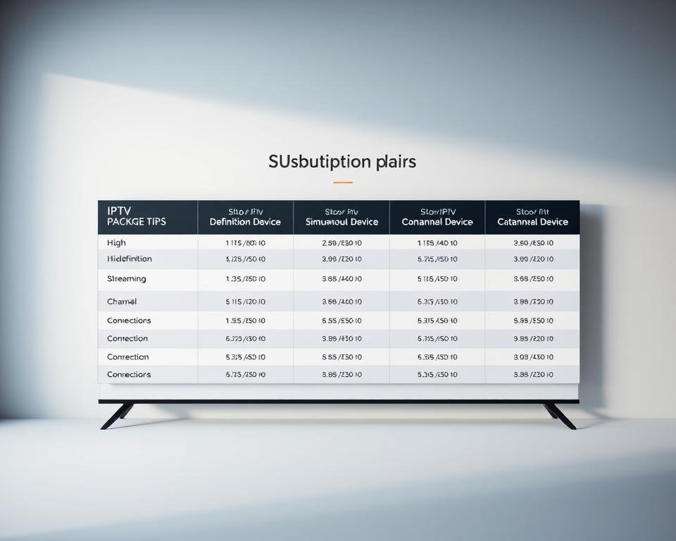 Detailed IPTV subscription plans for the USA market, presented in a clean, organized layout. A sleek table showcases different package tiers, featuring high-definition streaming, simultaneous device connections, and channel counts. The plans are displayed against a soft, minimalist backdrop, with subtle textures and gradients to create a professional, informative atmosphere. Careful consideration of lighting and composition to ensure the plans are easy to read and visually appealing. The overall style should convey reliability, value, and the reliable IPTV service described in the article. Detailed IPTV subscription plans for the USA market, presented in a clean, organized layout. A sleek table showcases different package tiers, featuring high-definition streaming, simultaneous device connections, and channel counts. The plans are displayed against a soft, minimalist backdrop, with subtle textures and gradients to create a professional, informative atmosphere. Careful consideration of lighting and composition to ensure the plans are easy to read and visually appealing. The overall style should convey reliability, value, and the reliable IPTV service described in the article.