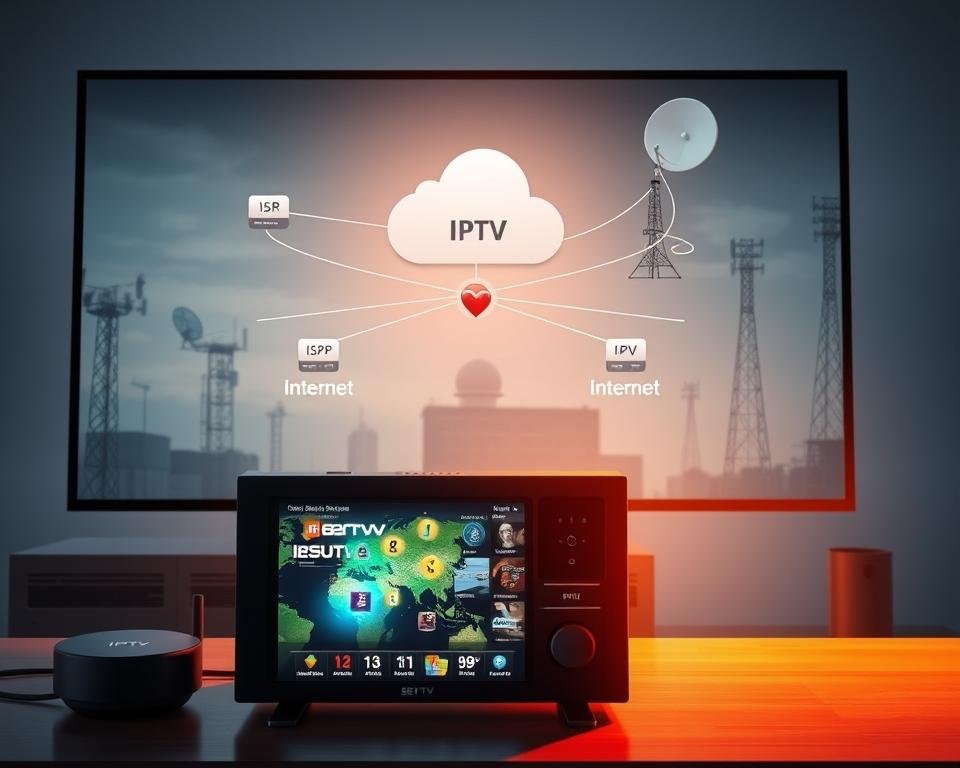 Detailed illustration of IPTV technology. In the foreground, an internet-connected set-top box or smart TV displaying a streaming video interface. In the middle ground, a network diagram showing internet, ISP, and cloud-based IPTV service provider. In the background, satellite dishes, cell towers, and other telecommunication infrastructure. The scene is illuminated by a warm, natural lighting, conveying a sense of modern, reliable digital entertainment.