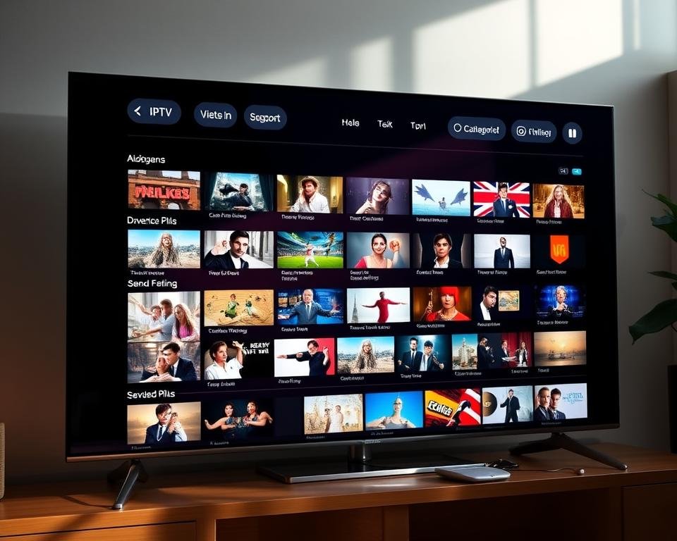 Elegant IPTV USA channels interface, sleek user dashboard with vibrant app icons, intuitively organized content categories. Soft, natural lighting illuminates the display, creating a refined, inviting atmosphere. High-quality video thumbnails and streamlined navigation provide an immersive viewing experience. Thoughtful layout and design elements enhance the overall aesthetic, reflecting a premium, cutting-edge platform. Convey a sense of sophistication, efficiency, and user-centric focus through this visually captivating scene.