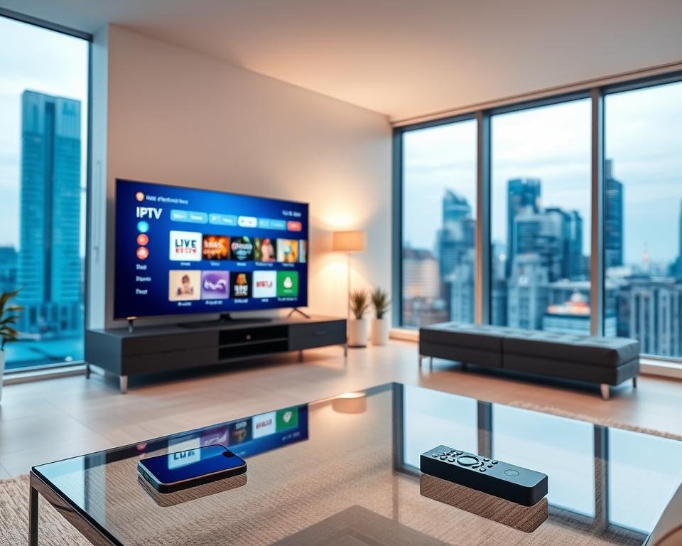 Prompt A modern home living room with a sleek, minimalist design. In the foreground, a smart TV displays the IPTV interface, showcasing a wide selection of live channels and on-demand content. On a nearby glass coffee table, a smartphone and remote control suggest the convenience of controlling the IPTV experience. Soft, diffused lighting creates a cozy ambiance, while large windows in the background offer a view of a bustling cityscape, hinting at the global reach of the cost-effective IPTV service. The overall scene conveys the idea of effortless, accessible entertainment in a stylish, contemporary setting.