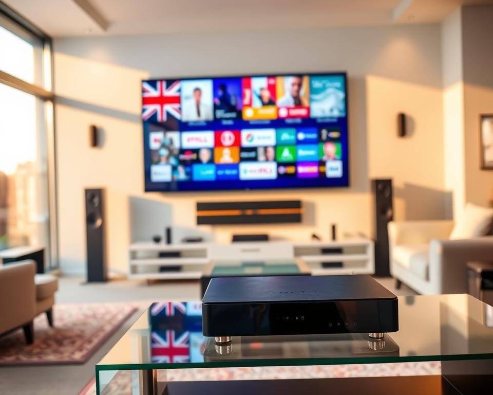 Prompt A sleek modern living room with a large wall-mounted flat-screen TV displaying a vibrant selection of USA television channels, surrounded by high-end audio equipment and smart home devices. The room is bathed in warm, natural lighting filtered through large windows, creating a cozy and inviting atmosphere. In the foreground, a sophisticated IPTV device sits prominently on a minimalist glass and metal entertainment center, ready to deliver the best in USA television programming directly to the viewer's fingertips. The overall scene conveys the seamless integration of technology and the comforts of home, offering a glimpse into the key benefits of using IPTV for USA television.